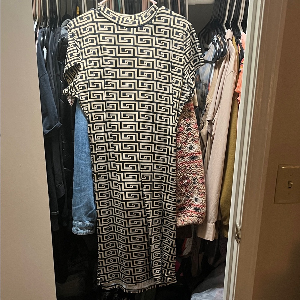 Absolutely Black and Beige Geometric Midi Dress